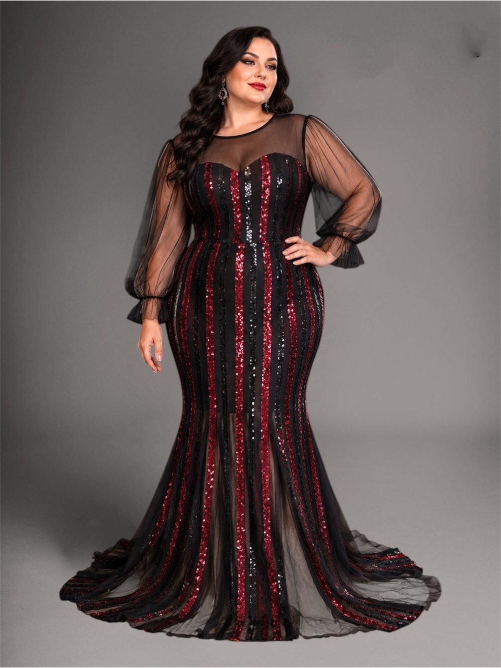 Giffniseti 4XL Black Red Sequin Maxi Gown Gothic Glam Evening Dress Mesh Sheer